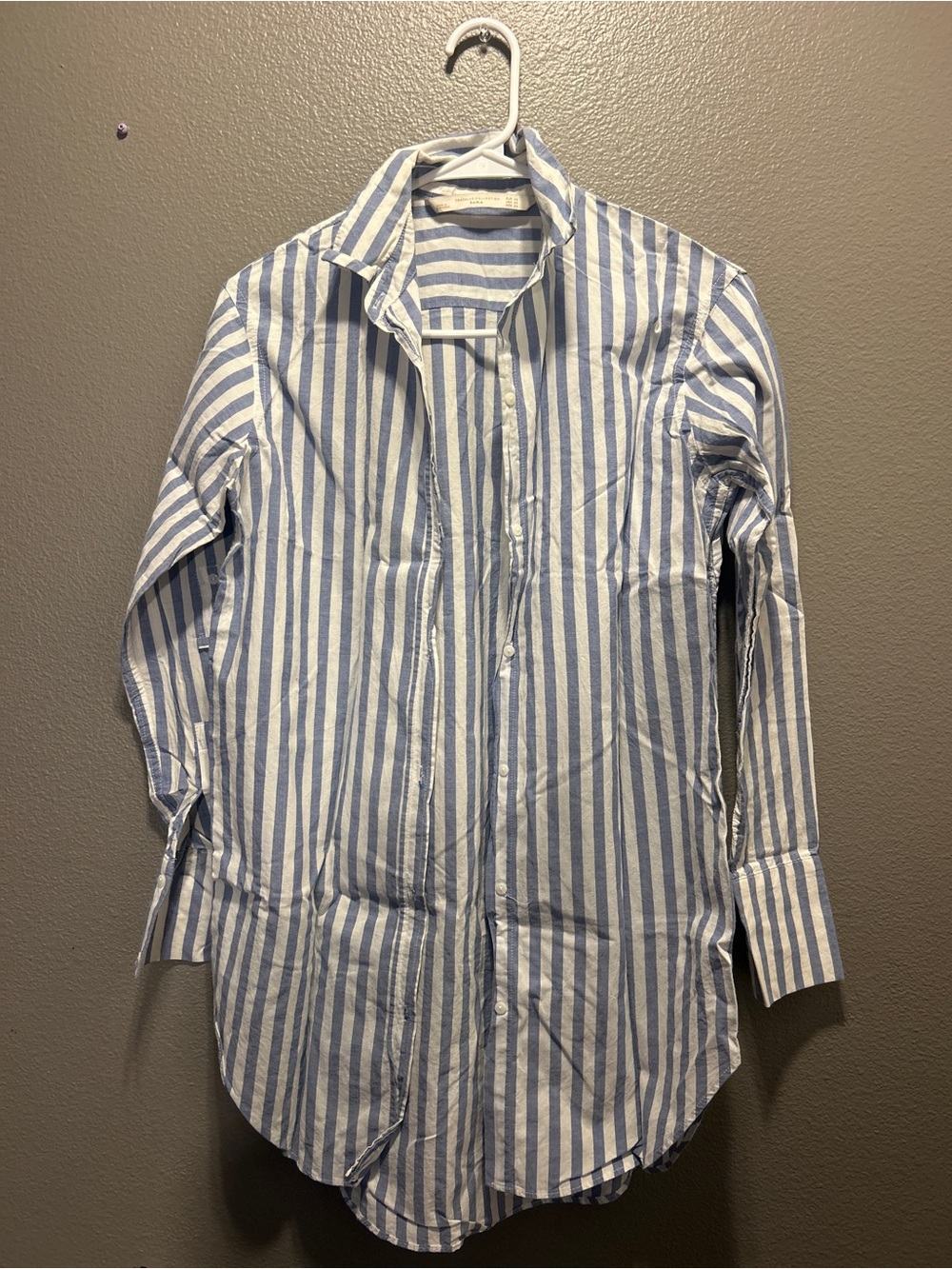 Zara Trafaluc Blue White Striped Button Down Tunic Shirt Womens Extra Small XS